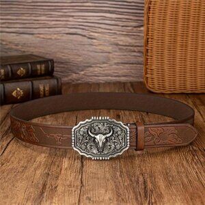 Western Belt Bullhead Buckle Floral 1.4 inch Wide Bullhead Belt Buckle BROWN